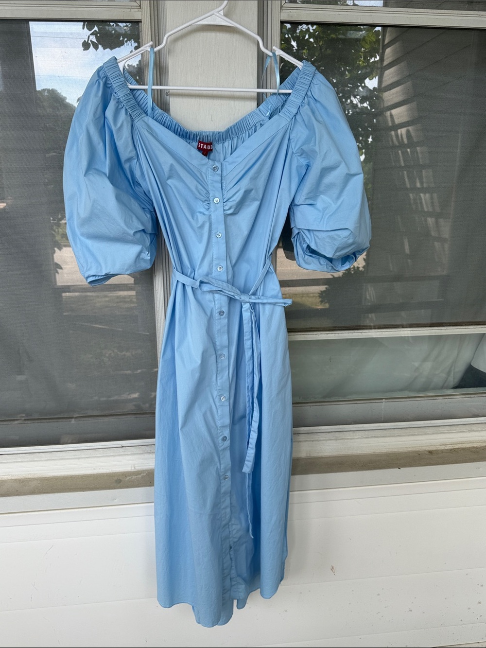 STAUD Sky-Blue Off-Shoulder Puff-Sleeve Midi Dress